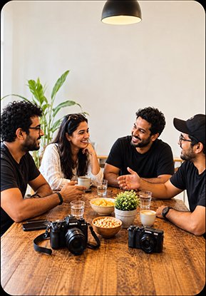 Friends talking over coffee with cameras on the table